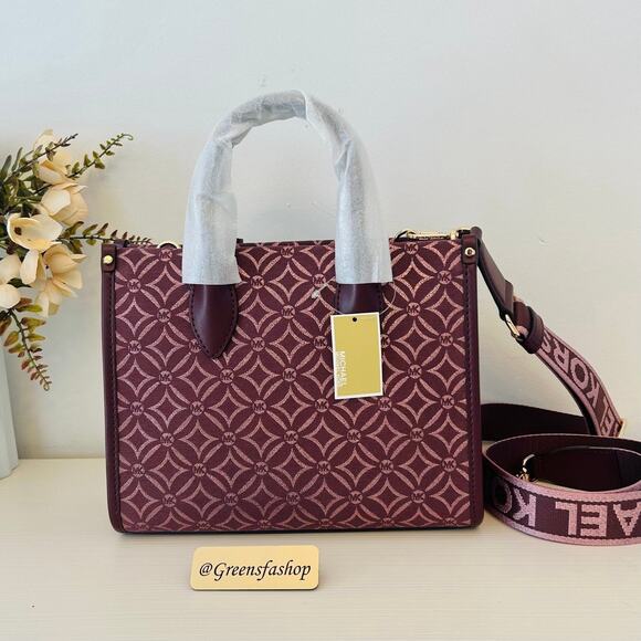 Michael Kors Purse Mirella Small Metallic Logo Jacquard Crossbody Bag Oxblood - Picture 4 of 10